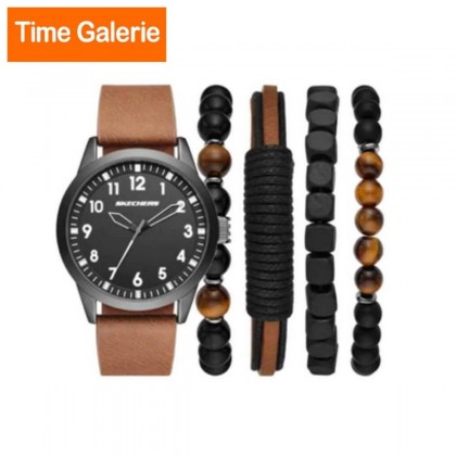 Skechers SR9065 Quartz Gunmetal-Tone Dial Brown Leather Strap Men Watch + Bracelets Gift Set Skechers SR9065 Quartz Gunmetal-Tone Dial Brown Leather Strap Men Watch + Bracelets Gift Set